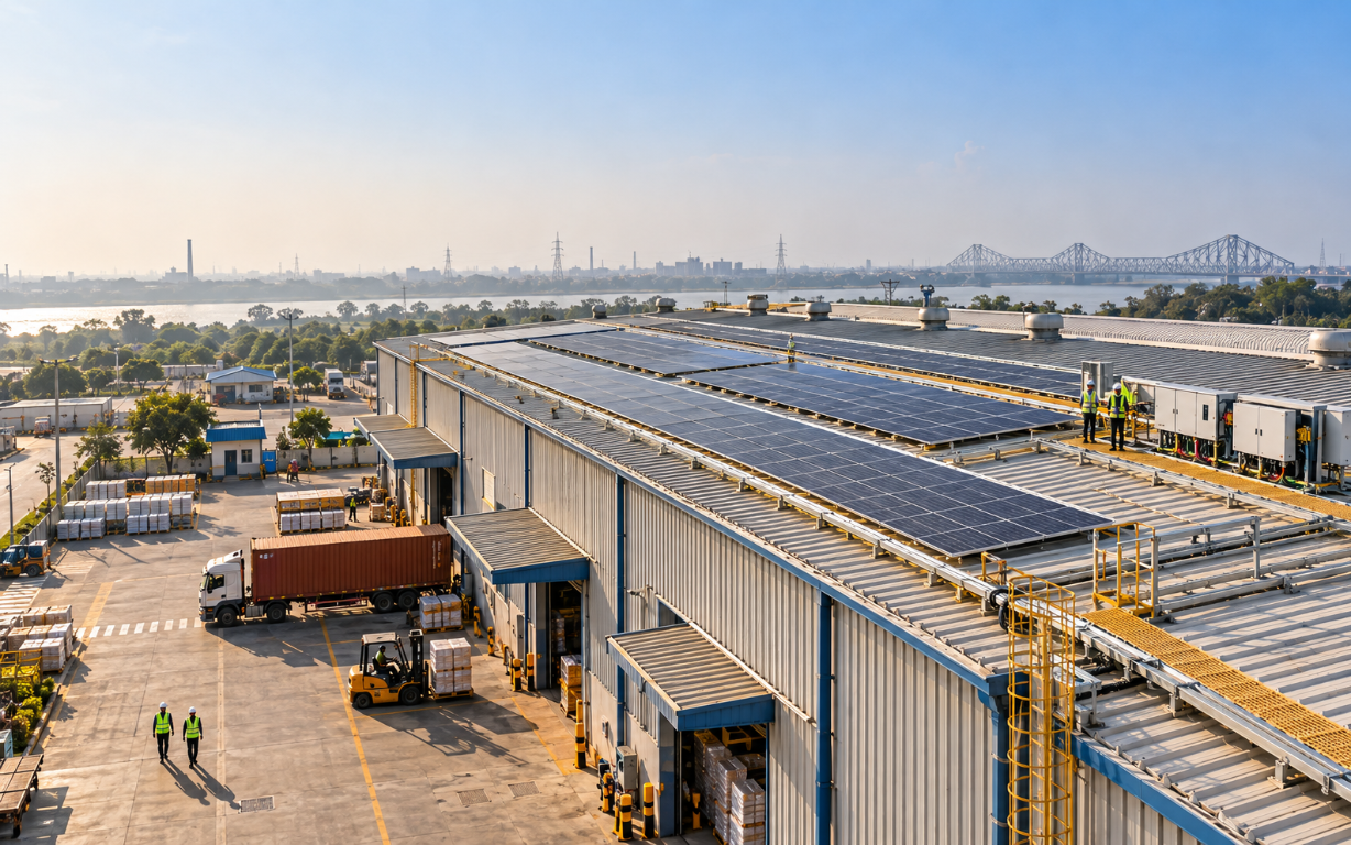 Commercial and industrial rooftop solar installation at a warehouse