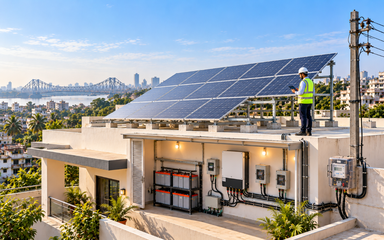 Hybrid solar system with rooftop panels, battery storage, and grid connection