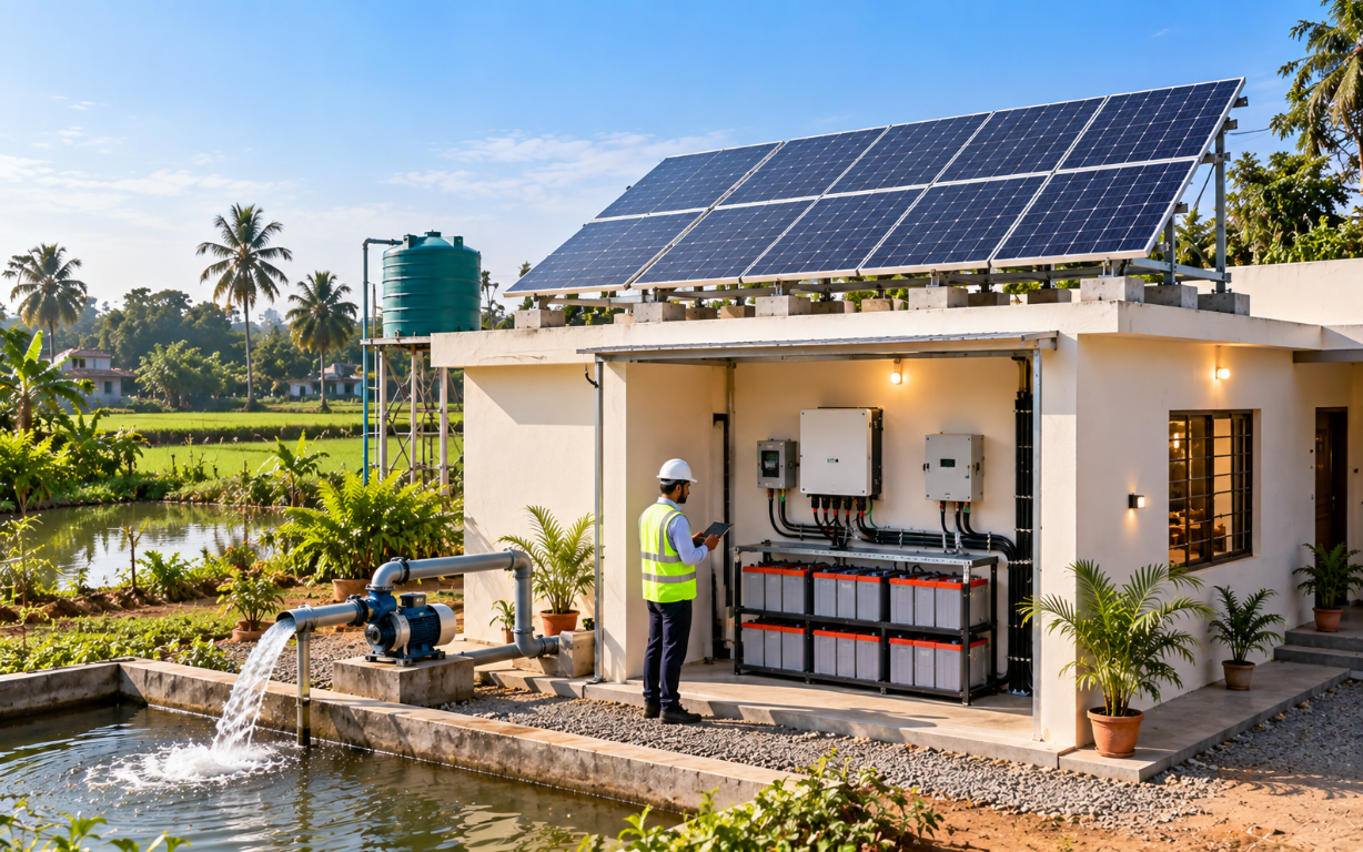 Off-grid solar system with rooftop panels and battery storage