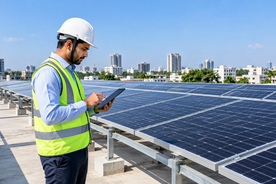 Solar4Ever technician inspecting a rooftop solar plant