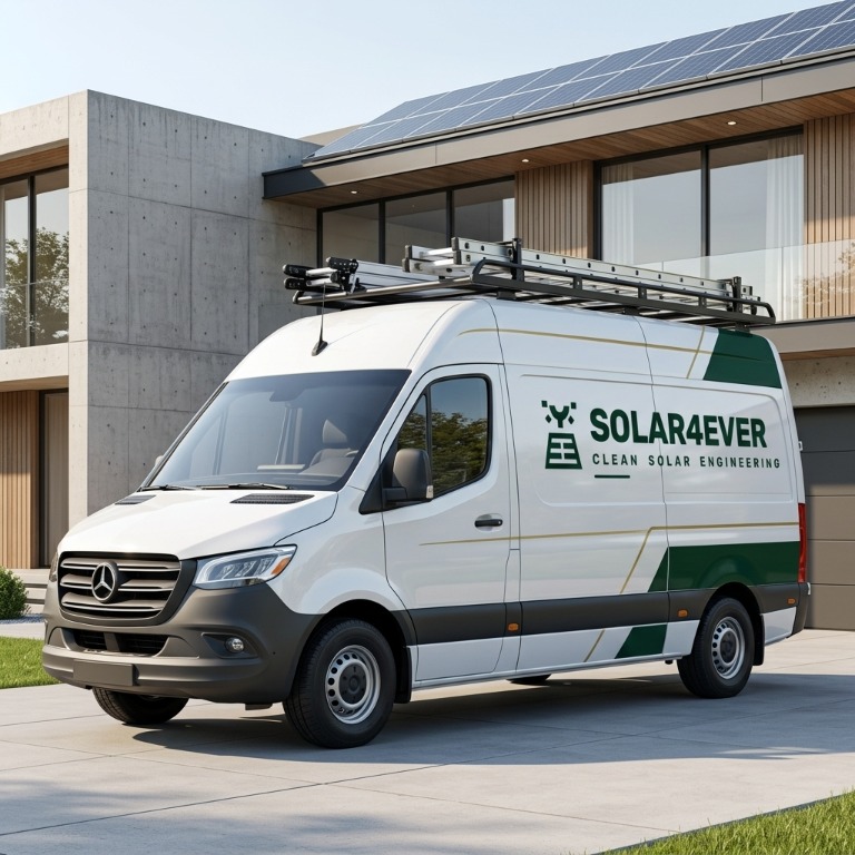 Solar4Ever service vehicle in front of a solar-powered home